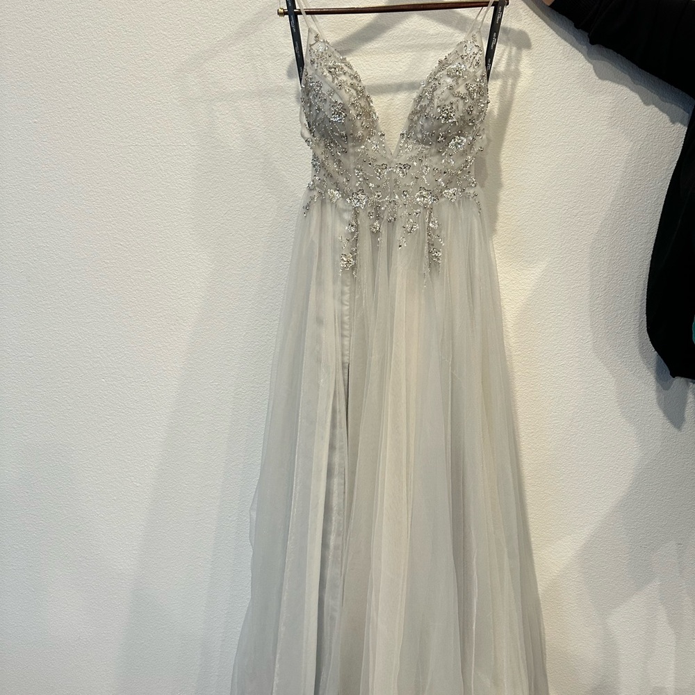 Elegant Silver Embellished Evening Gown